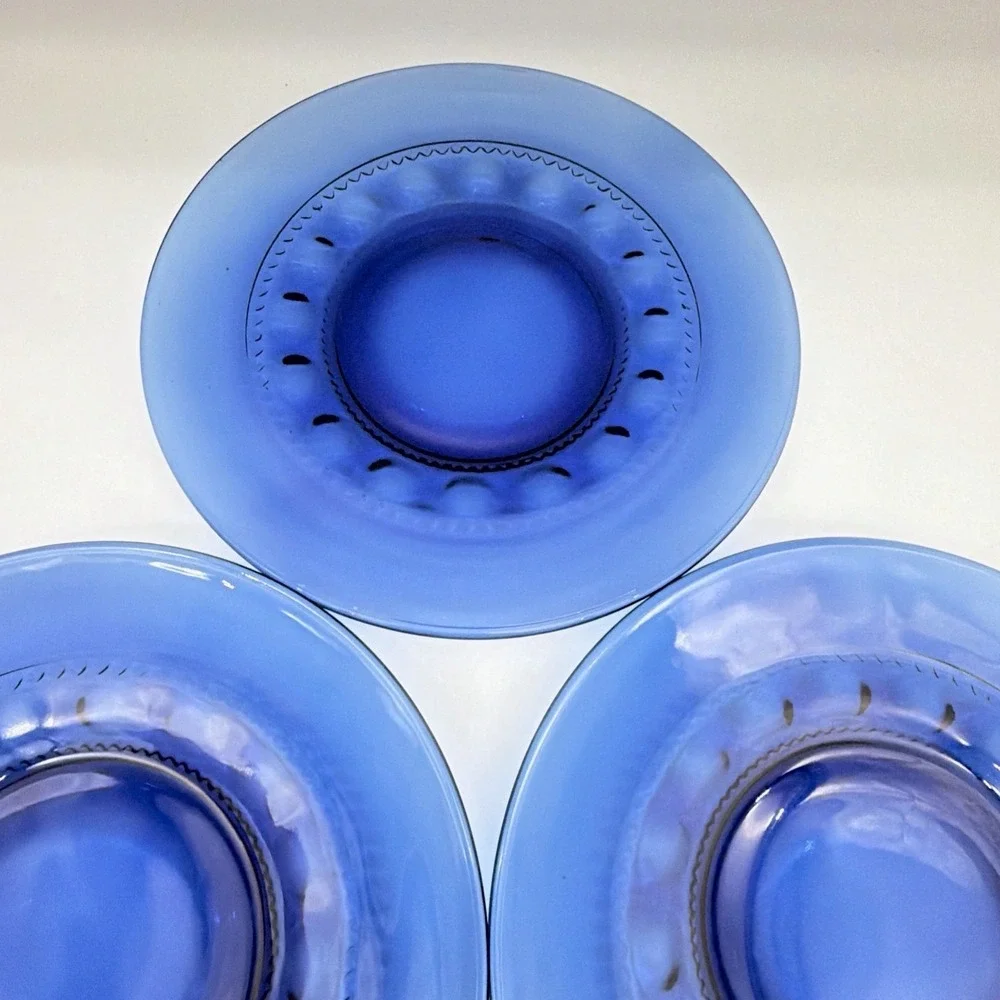 Crown Thumbprint Cobalt Blue Glass Dinner Plates Scalloped Textured Rim Set